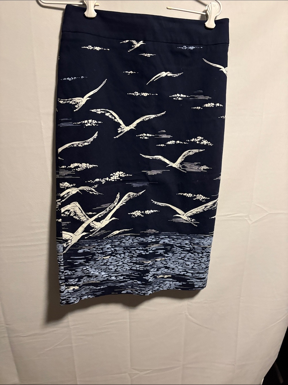 Maeve Navy and White Seagull-Print Pencil Skirt
